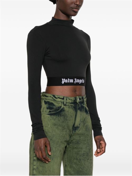 Top cropped Palm Angels da donna nero a maniche lunghe con logo bianco PALM ANGELS | PAWVO005FB0011010